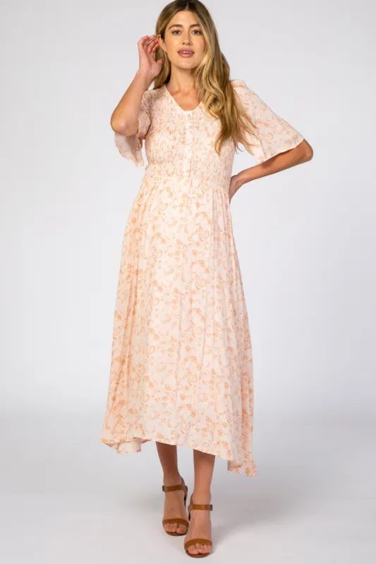 Peach Floral Button Front Smocked Maternity Midi Dress sold by Pinkblush
