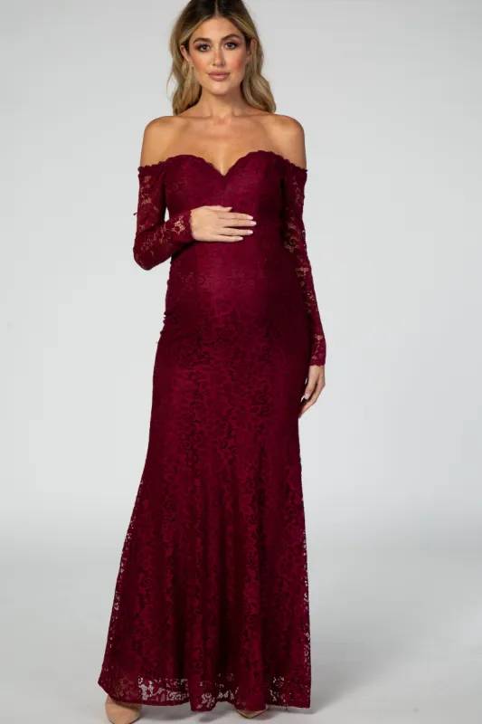 PinkBlush Burgundy Lace Off Shoulder Long Sleeve Maternity Maxi Dress sold by Pinkblush