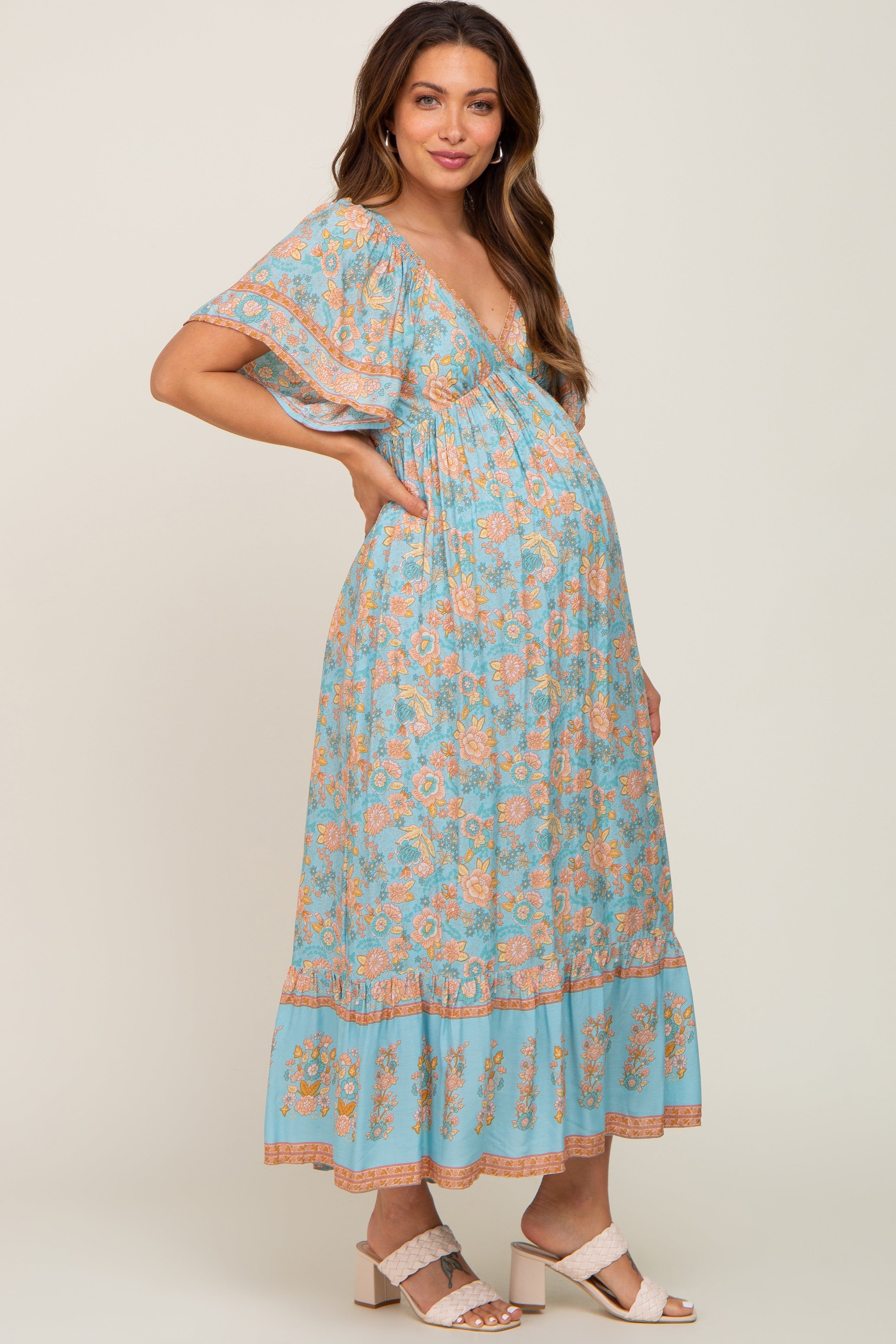 Aqua Floral Print Wrap V-Neck Maternity Midi Dress sold by Pinkblush product image thumbnail 2