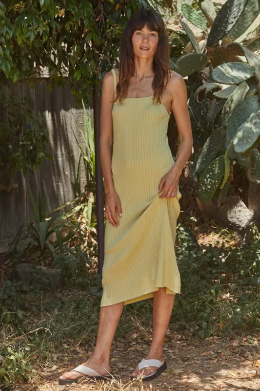 Yellow Square Neck Ribbed Sleeveless Midi Dress sold by Pinkblush