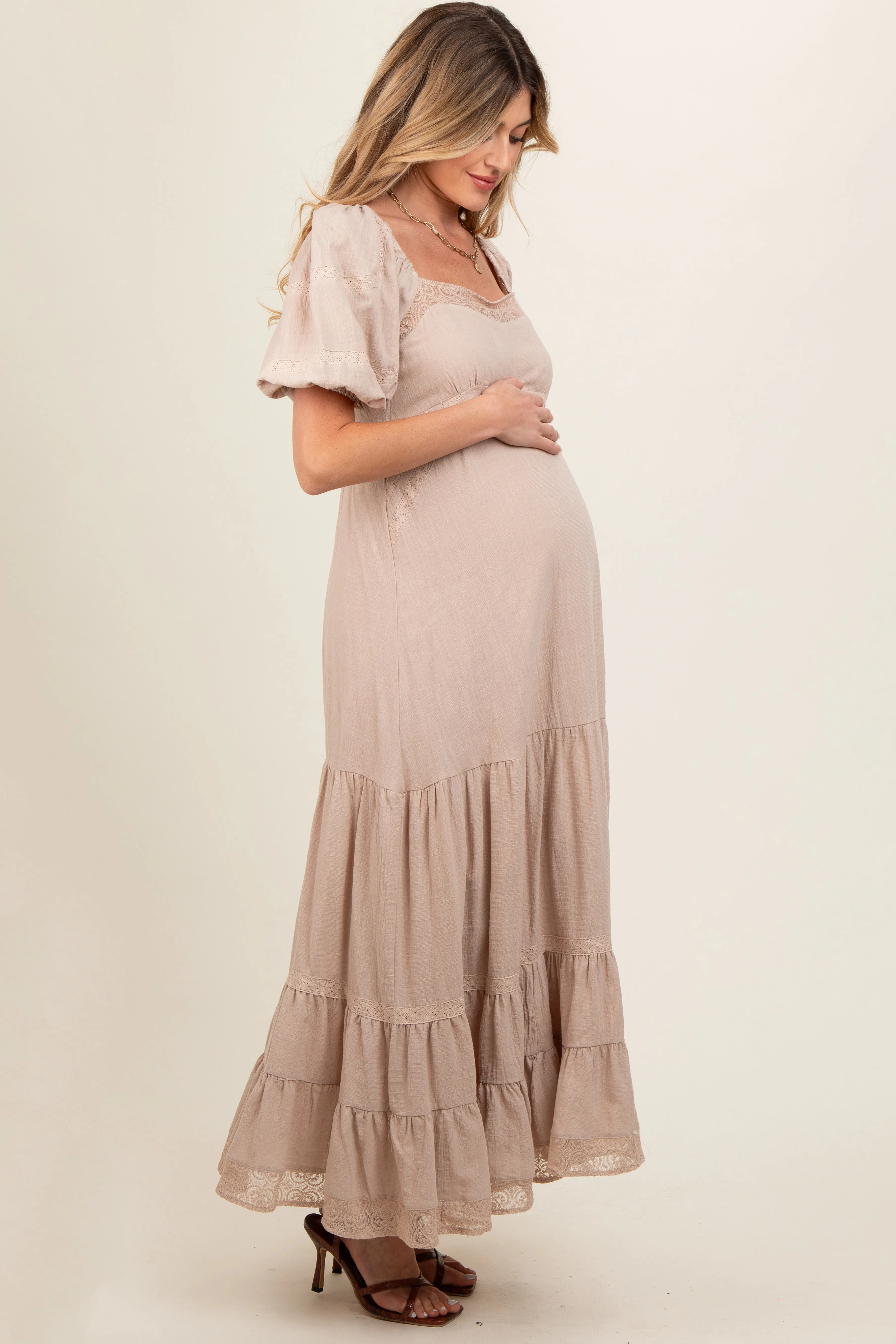 Beige Lace Insert Maternity Maxi Dress sold by Pinkblush product image thumbnail 2