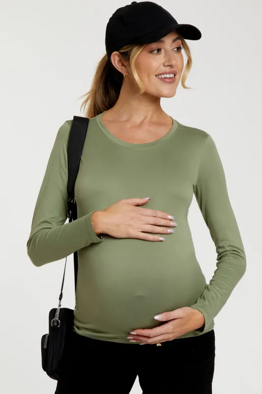 Light Olive Knit Long Sleeve Round Hem Maternity Top sold by Pinkblush