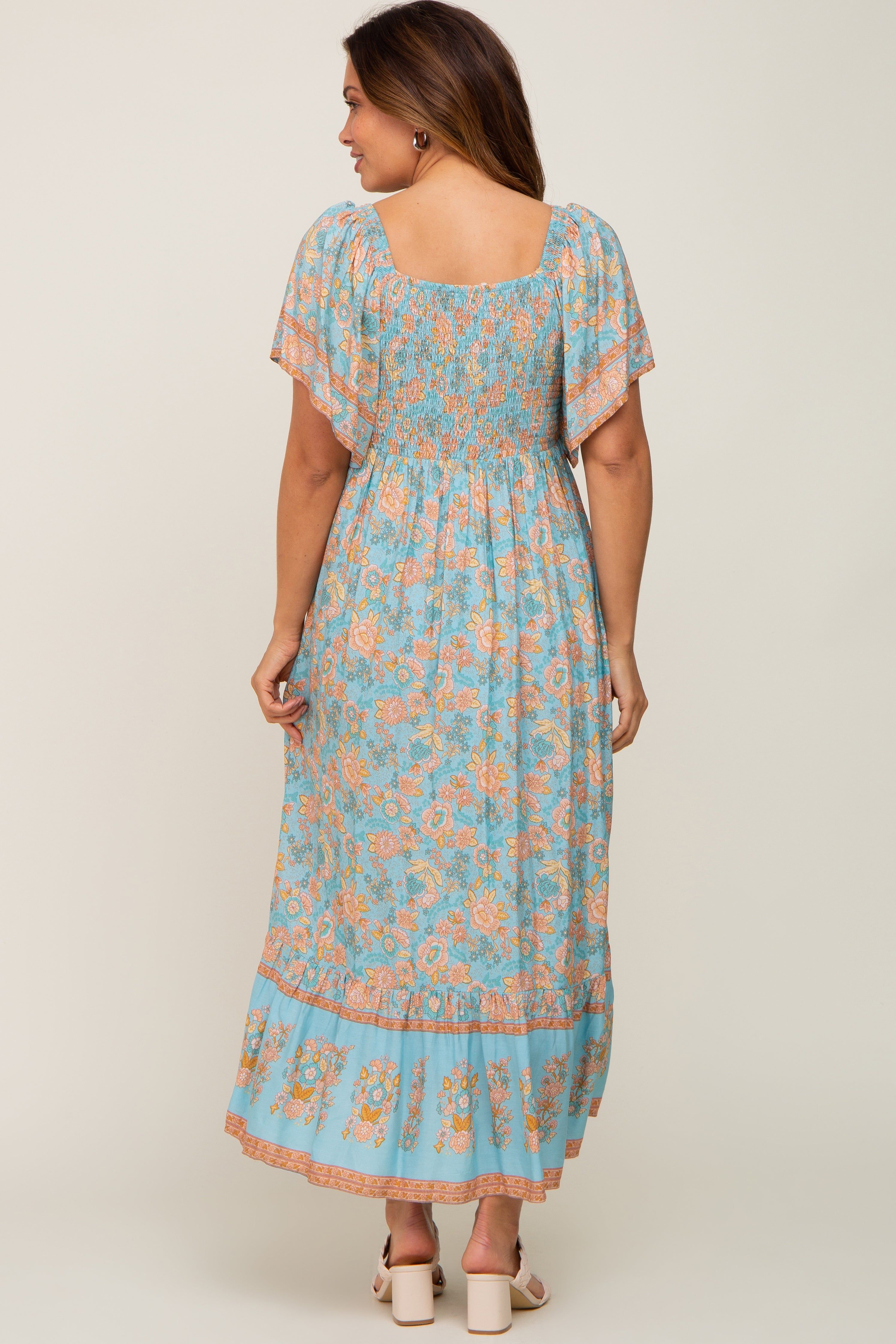 Aqua Floral Print Wrap V-Neck Maternity Midi Dress sold by Pinkblush product image thumbnail 3