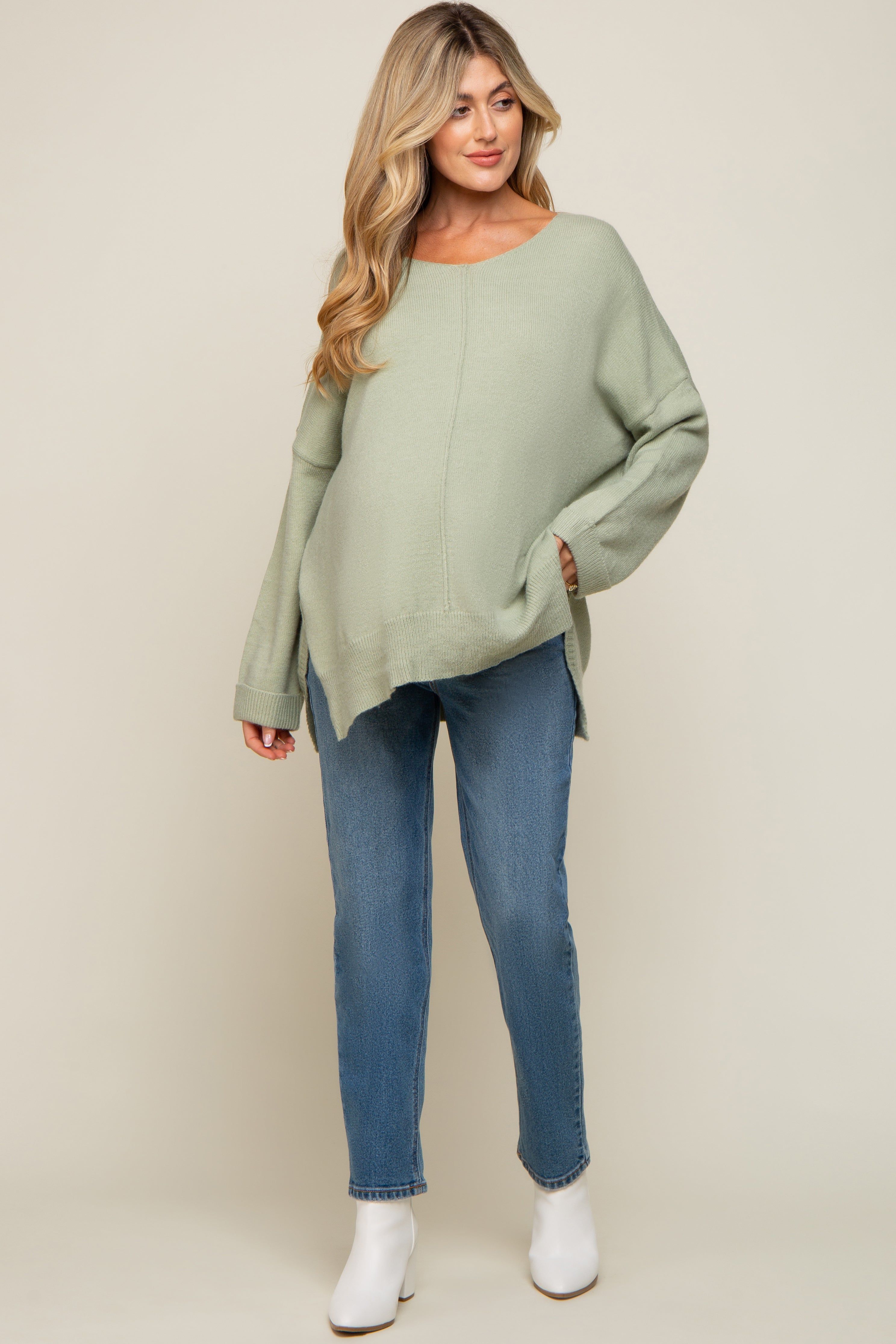 Light Olive Dolman Sleeve Side Slit Maternity Sweater sold by Pinkblush product image thumbnail 5
