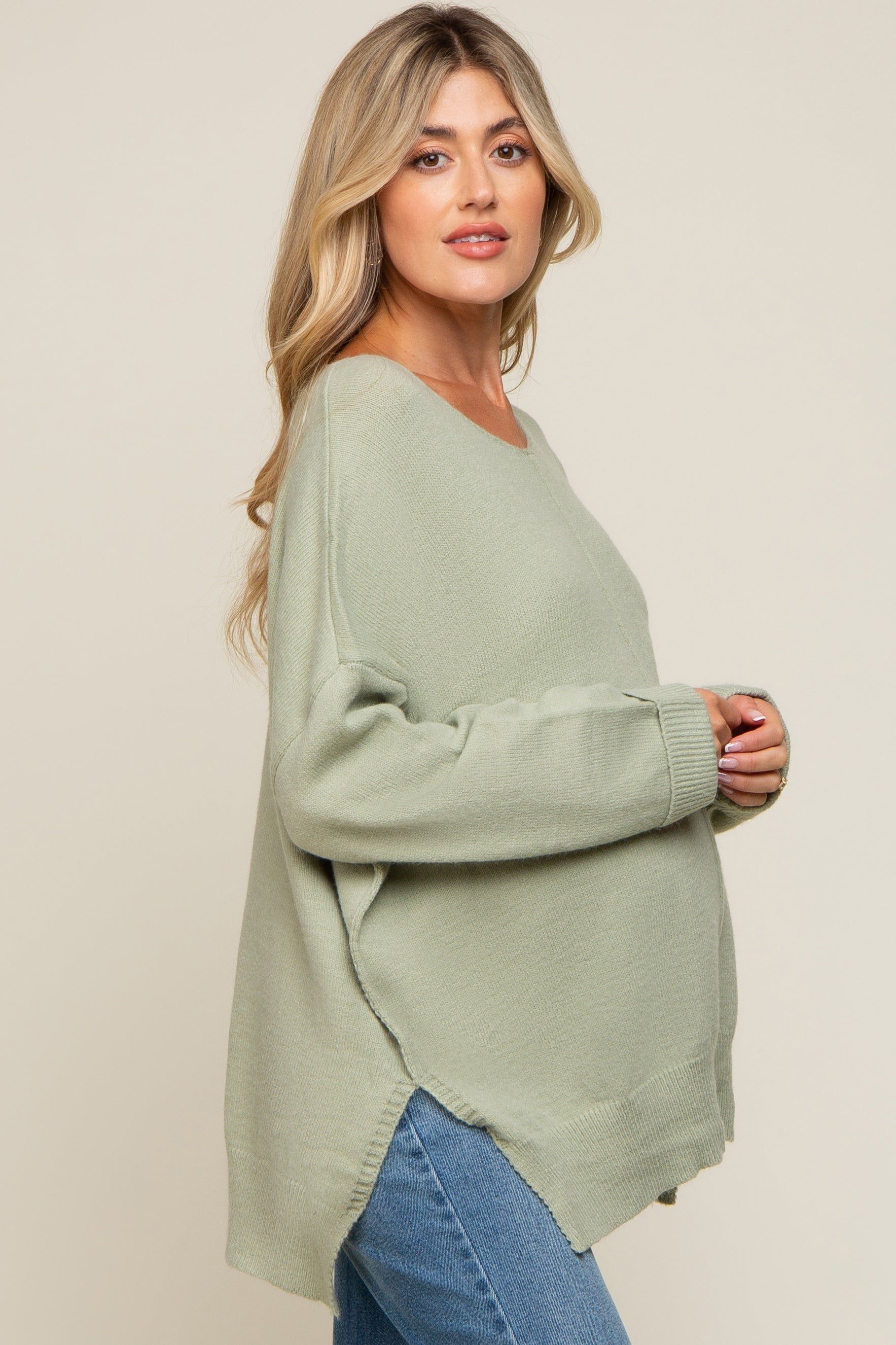 Light Olive Dolman Sleeve Side Slit Maternity Sweater sold by Pinkblush product image thumbnail 2