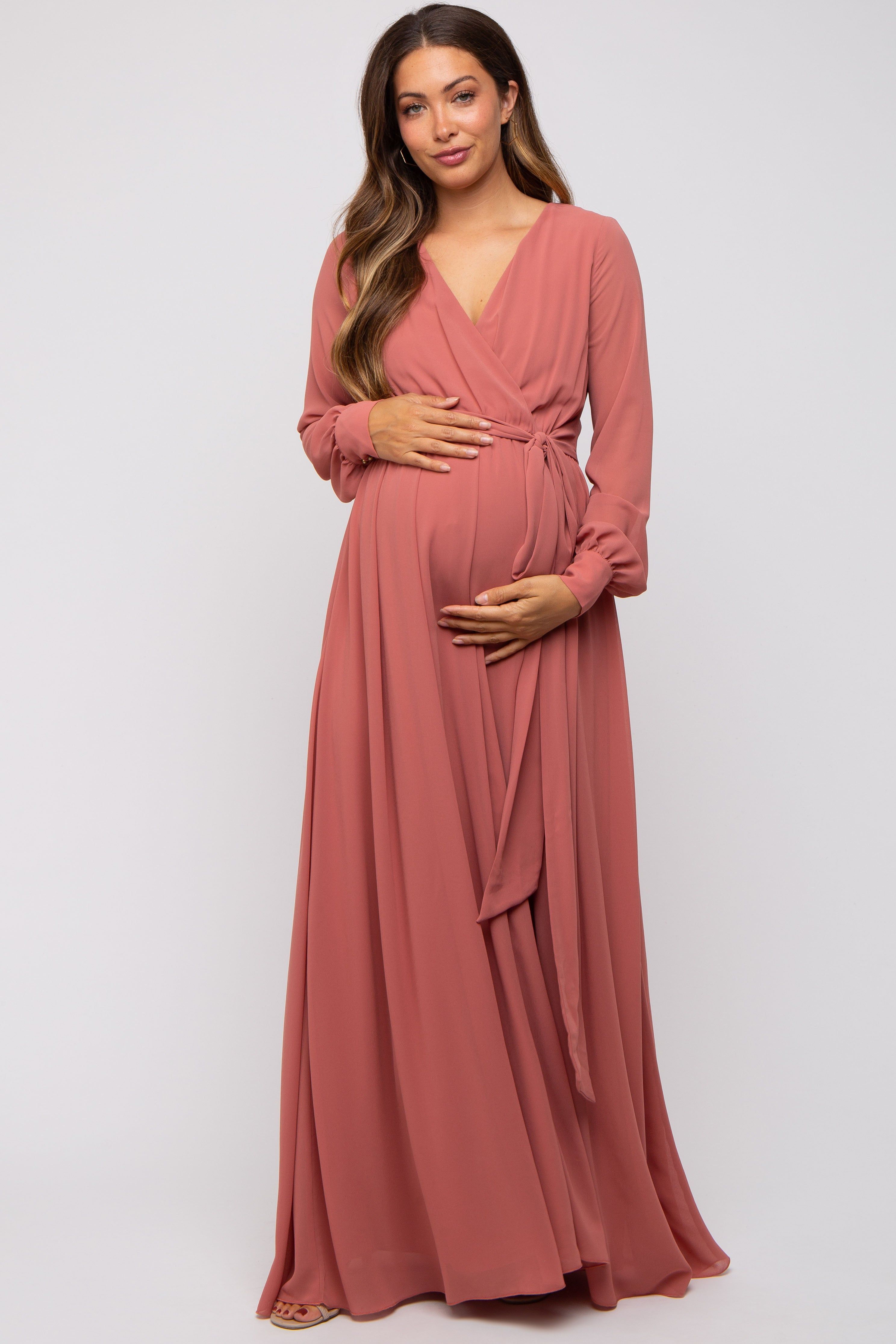 Mauve Chiffon Wrap Maternity Gown sold by Pinkblush