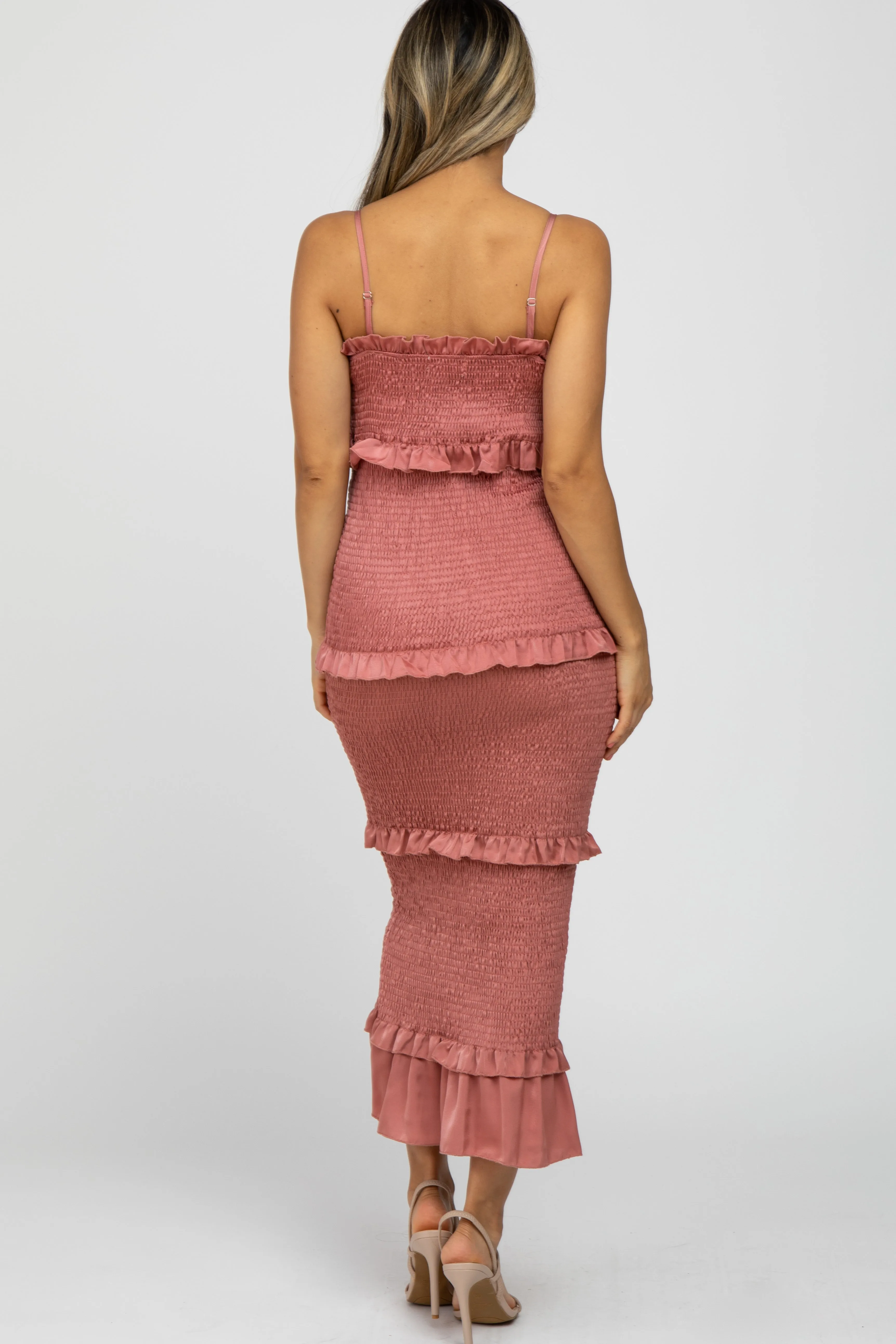 Mauve Satin Smocked Fitted Midi Dress sold by Pinkblush product image thumbnail 3