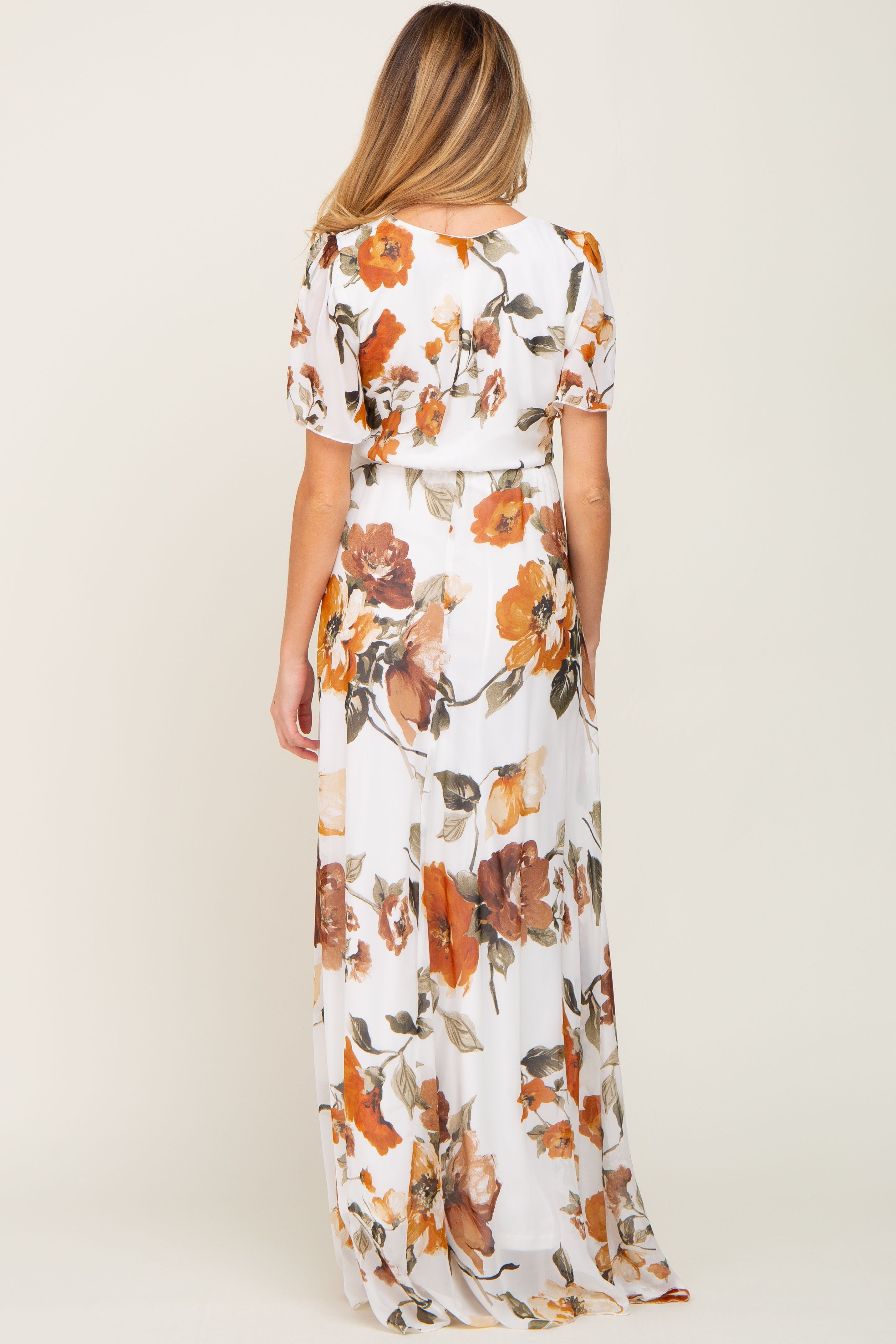 White Floral Chiffon Wrap Front Short Sleeve Maternity Maxi Dress sold by Pinkblush product image thumbnail 3