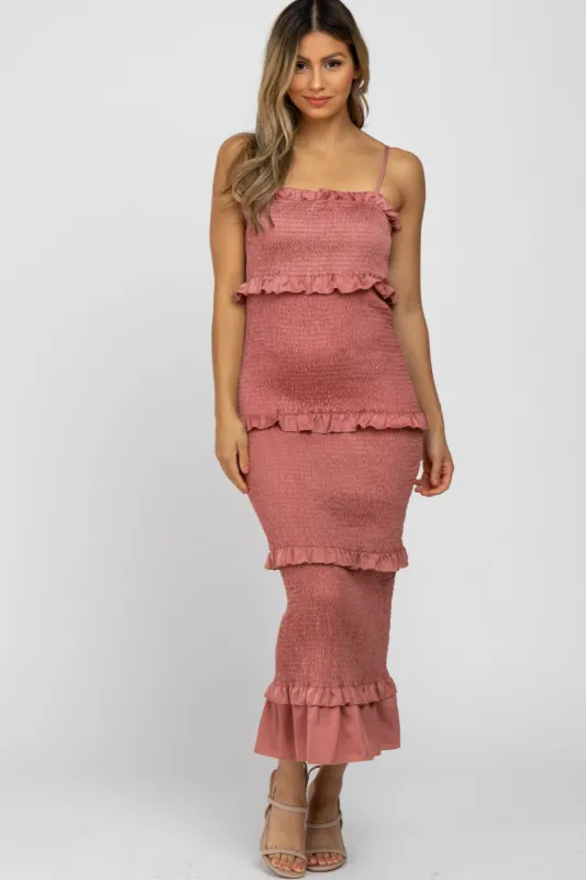 Mauve Satin Smocked Fitted Midi Dress sold by Pinkblush
