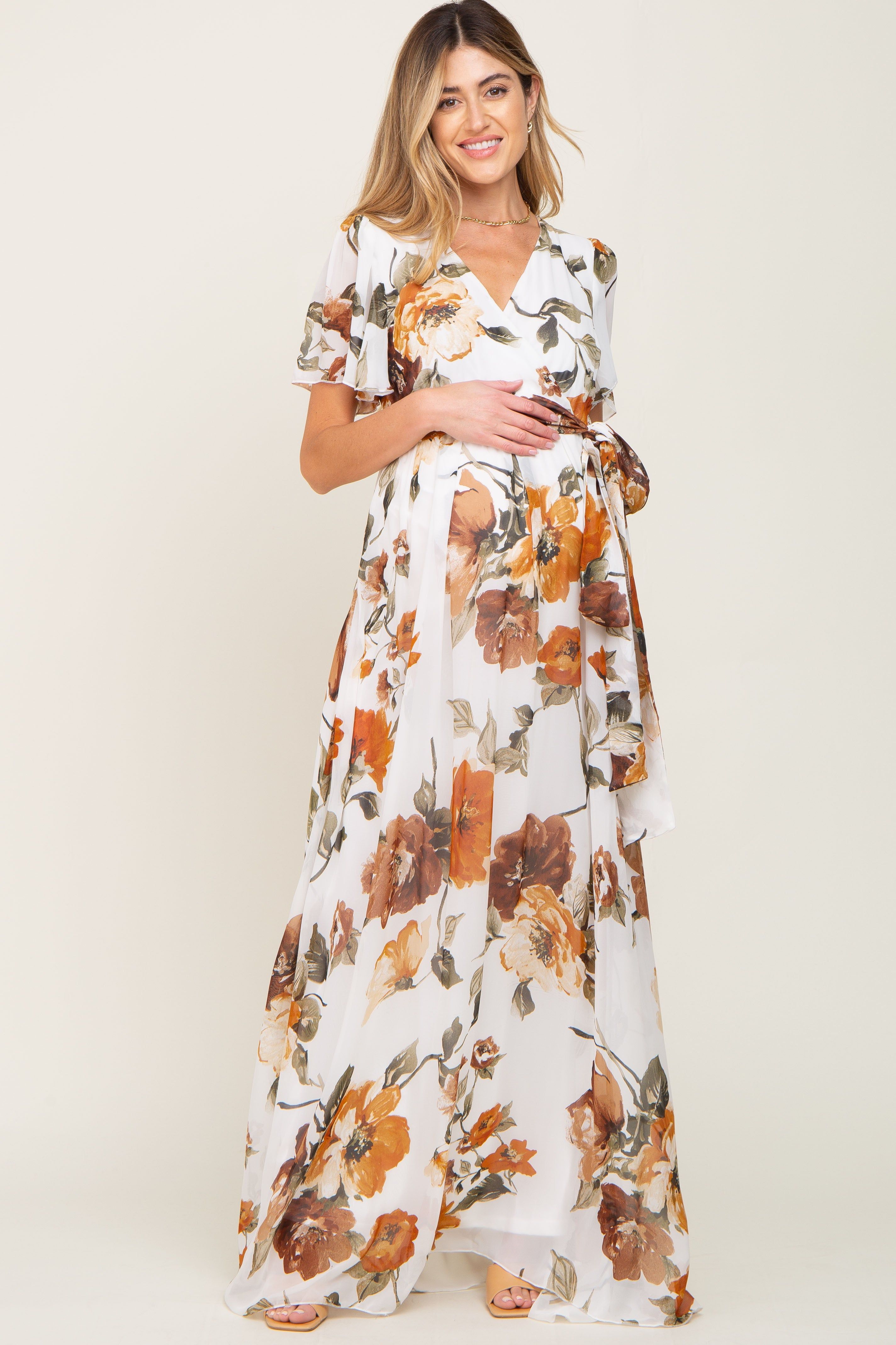 White Floral Chiffon Wrap Front Short Sleeve Maternity Maxi Dress sold by Pinkblush