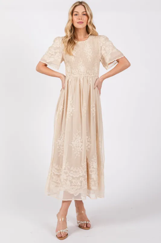 Cream Embroidered Smocked Midi Dress sold by Pinkblush