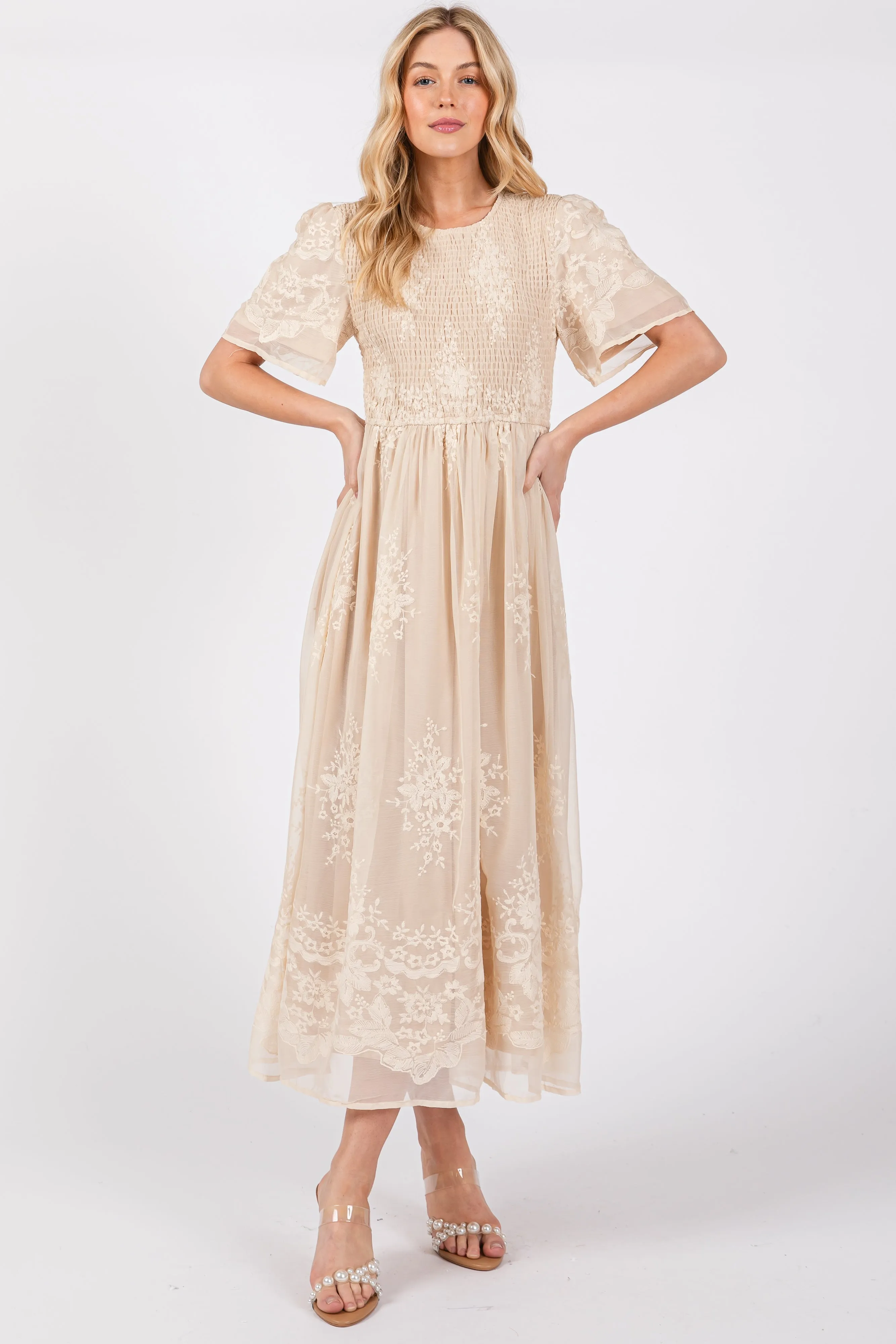 Cream Embroidered Smocked Midi Dress sold by Pinkblush