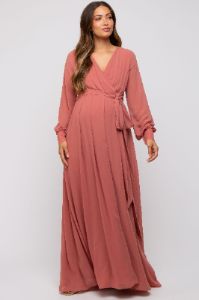 Mauve Chiffon Wrap Maternity Gown sold by Pinkblush