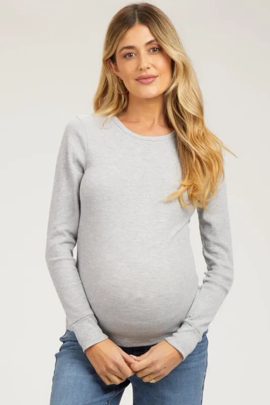 Heather Grey Waffle Knit Basic Long Sleeve Maternity Top sold by Pinkblush