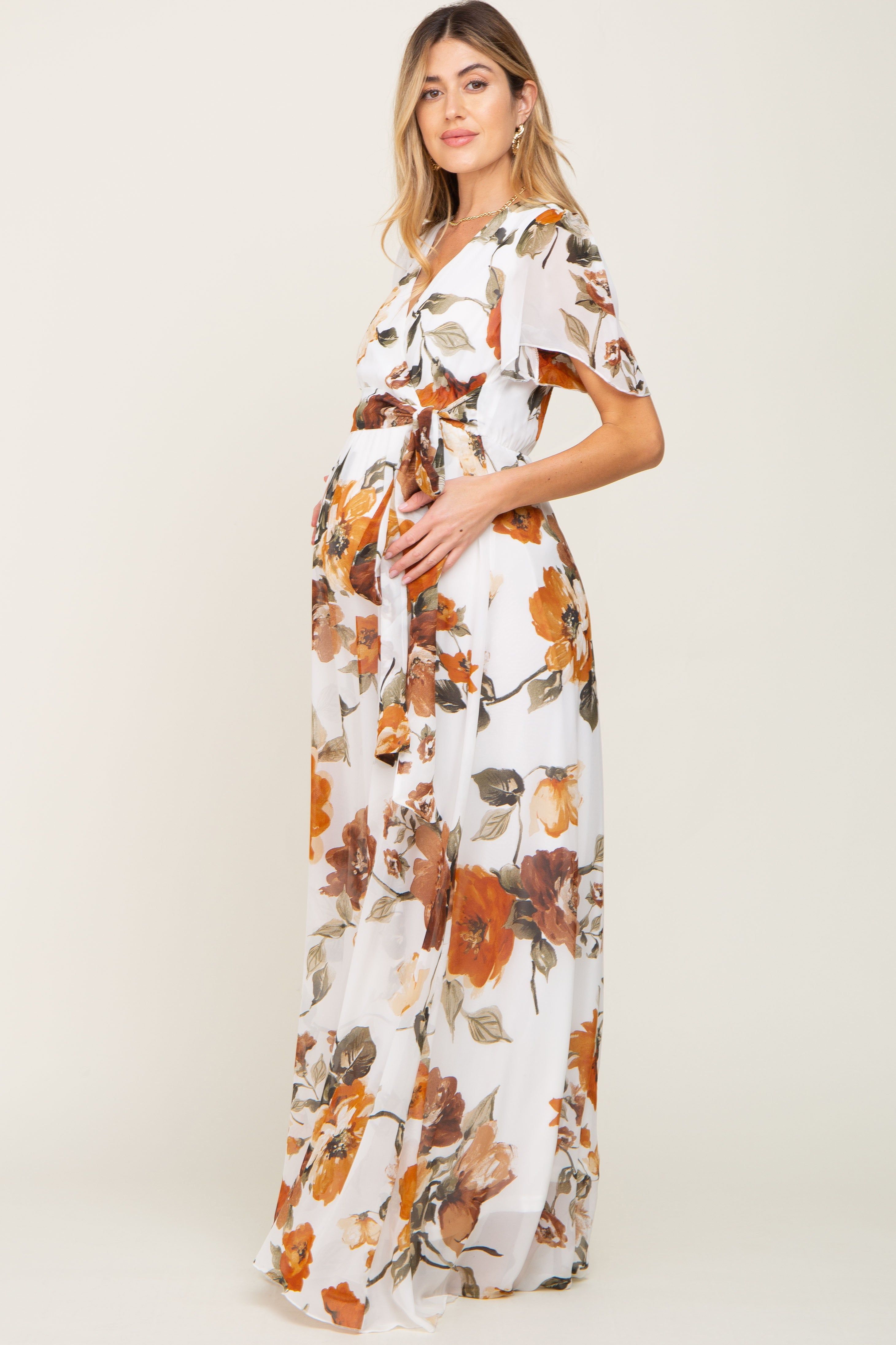 White Floral Chiffon Wrap Front Short Sleeve Maternity Maxi Dress sold by Pinkblush product image thumbnail 2