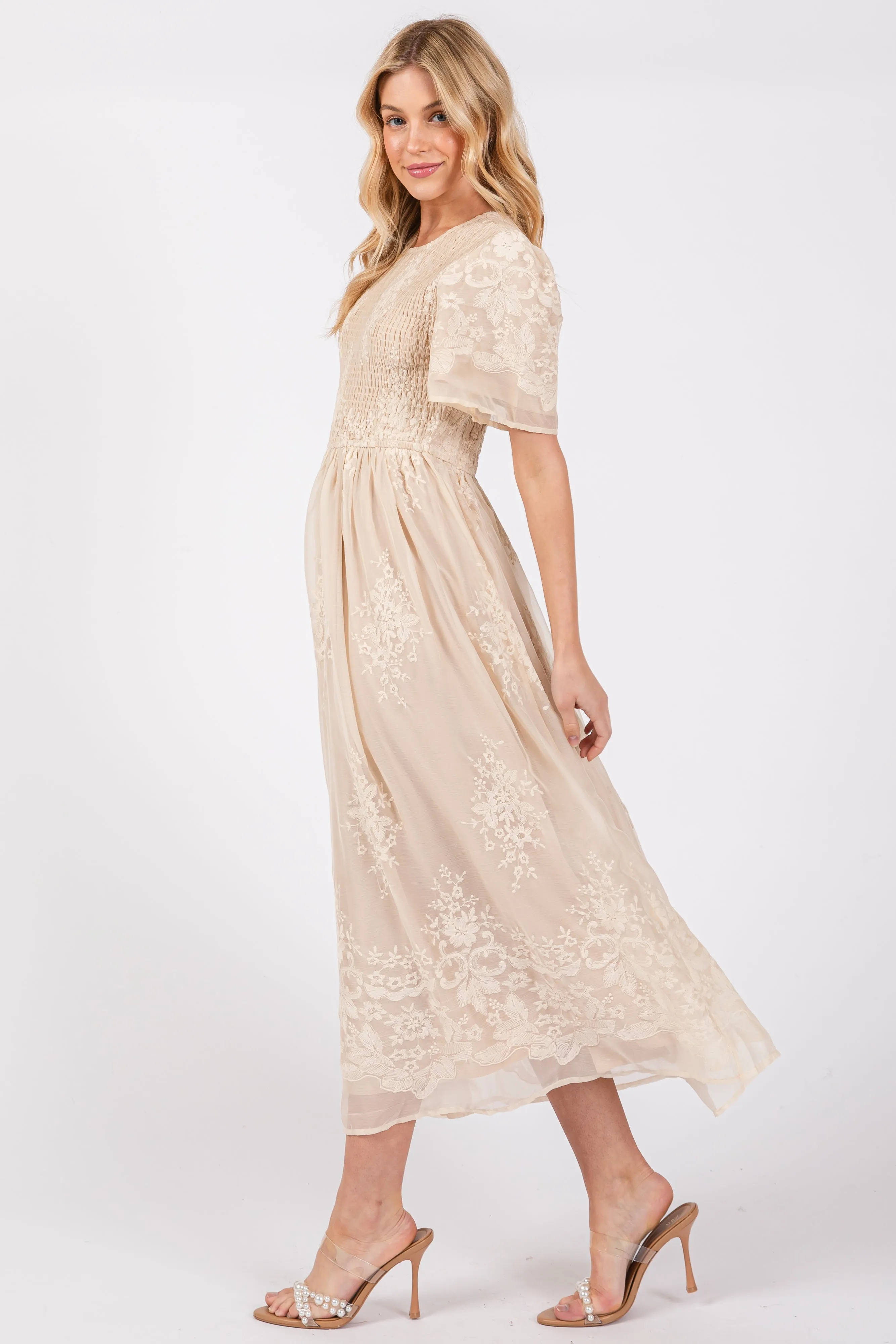 Cream Embroidered Smocked Midi Dress sold by Pinkblush product image thumbnail 2