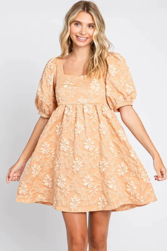 Peach Satin Floral Textured Square Neck Babydoll Dress sold by Pinkblush