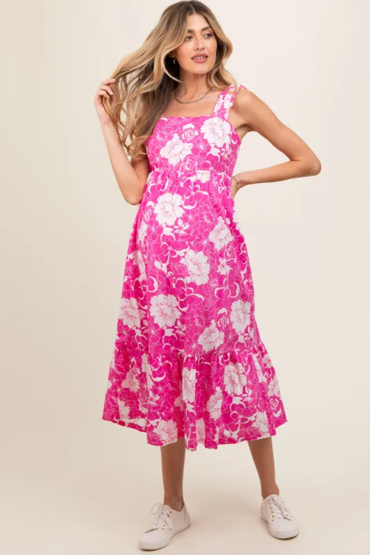 Fuchsia Floral Tiered Sleeveless Maternity Midi Dress sold by Pinkblush