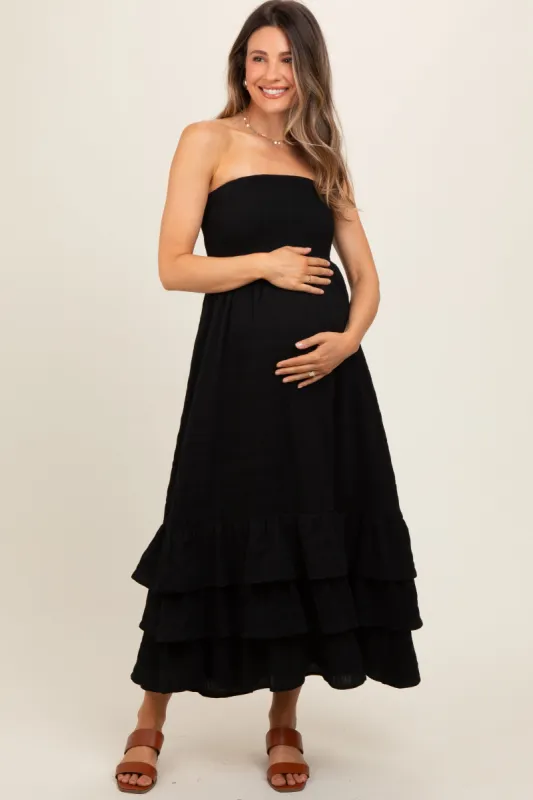 Black Smocked Ruffle Hem Tube Maternity Maxi Dress sold by Pinkblush