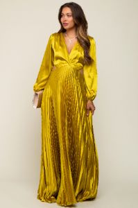 Gold Satin Low Back Cutout Pleated Maternity Maxi Dress sold by Pinkblush