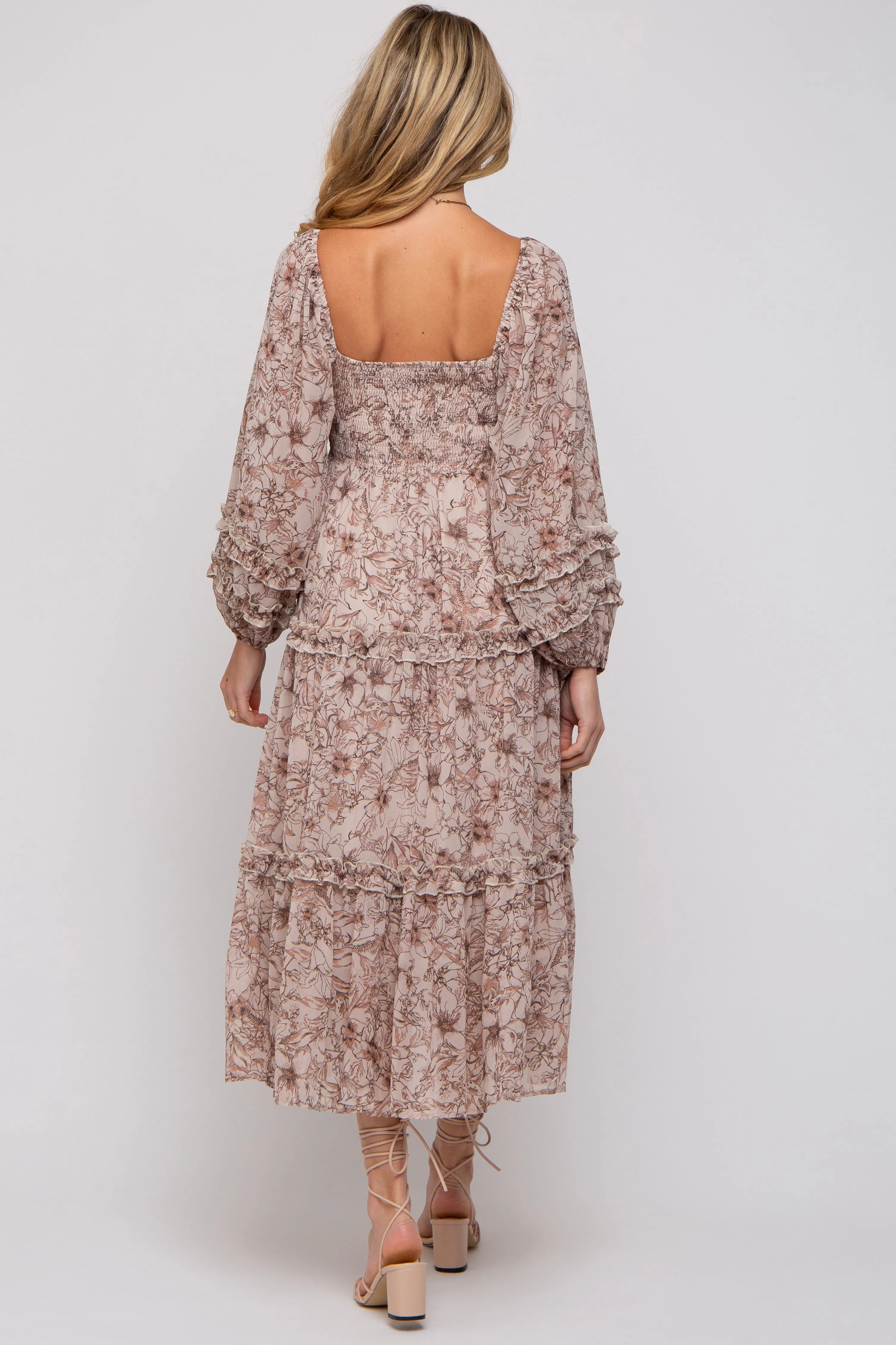 Mauve Floral Chiffon Sweetheart Neck Ruffle Tiered Maternity Midi Dress sold by Pinkblush product image thumbnail 3