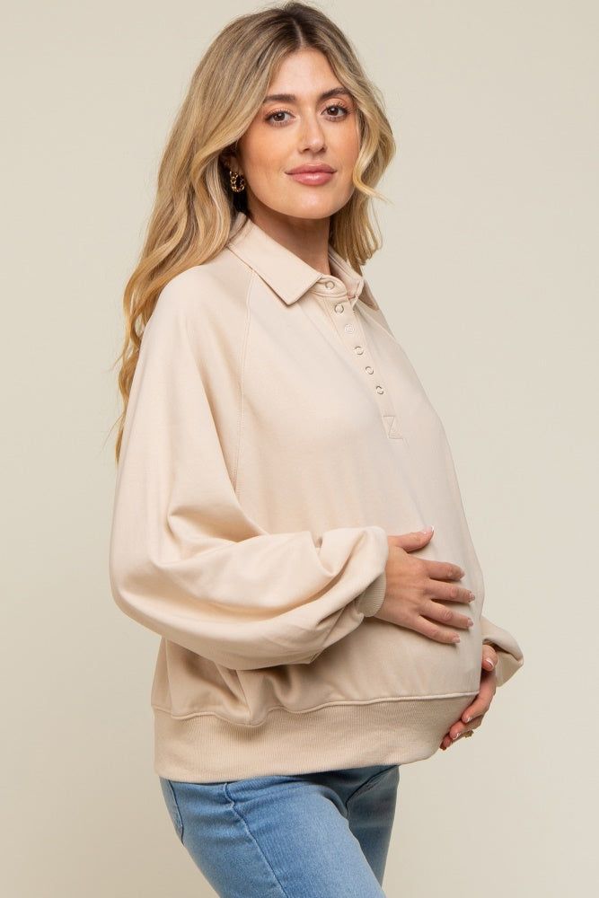 Beige Collared Button Maternity Pullover sold by Pinkblush product image thumbnail 3