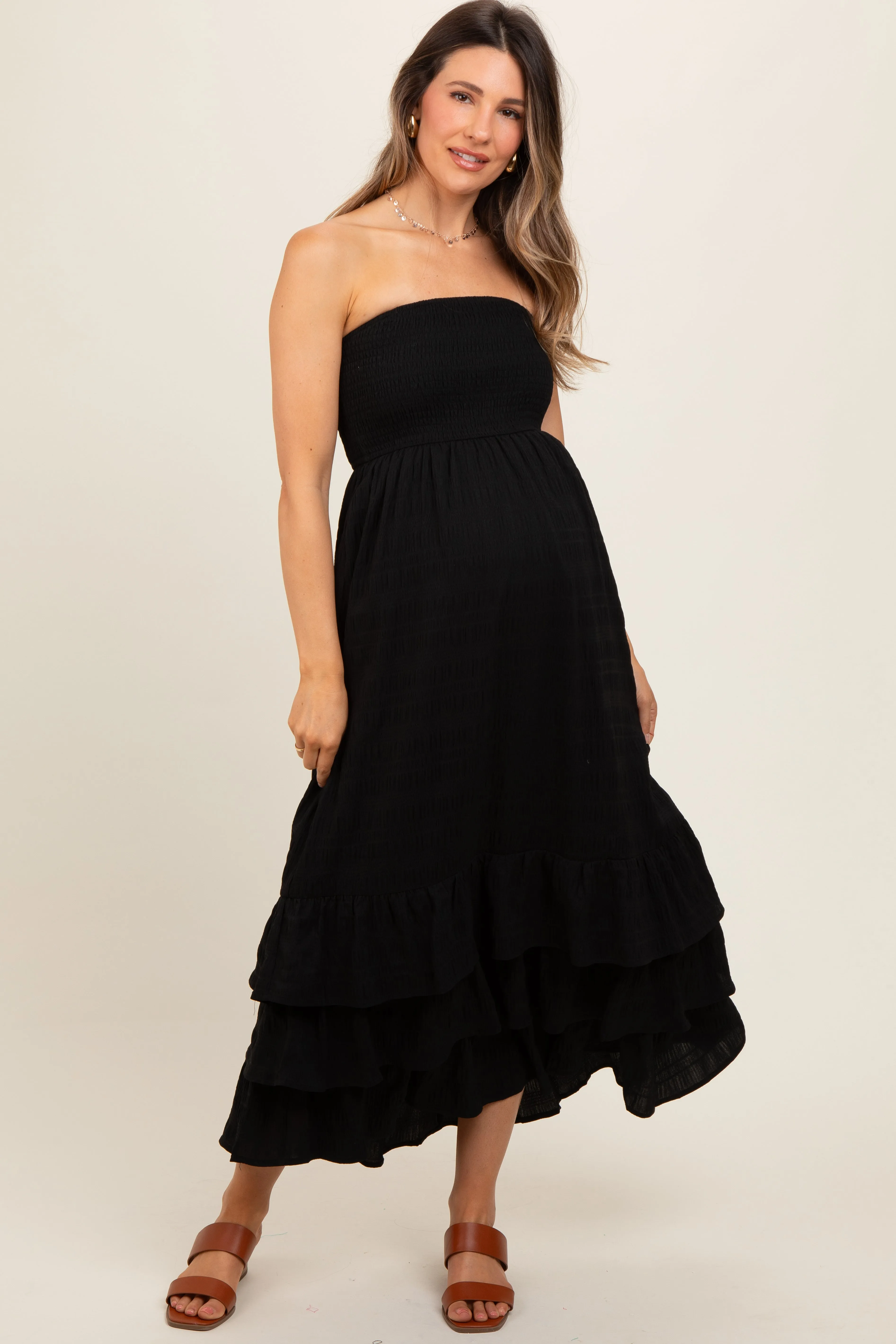 Black Smocked Ruffle Hem Tube Maternity Maxi Dress sold by Pinkblush product image thumbnail 2