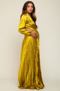 Gold Satin Low Back Cutout Pleated Maternity Maxi Dress sold by Pinkblush