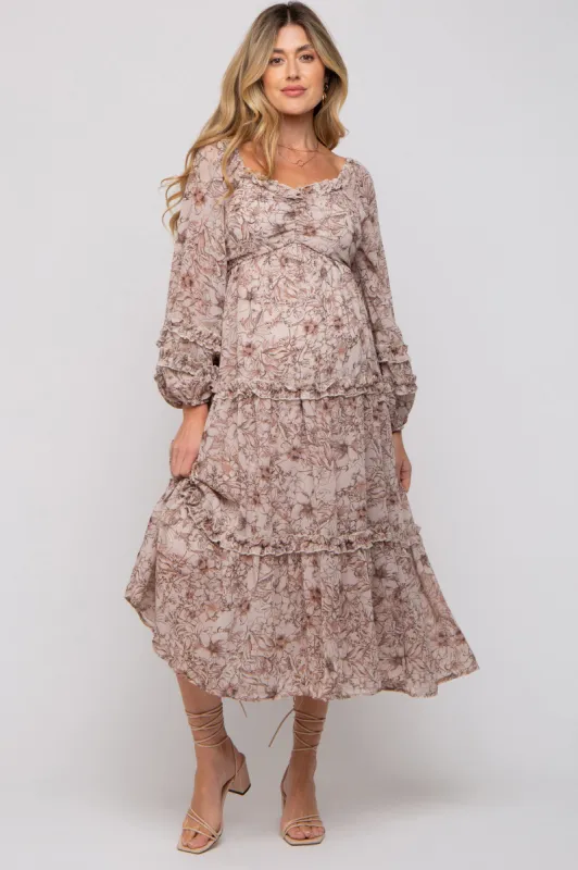 Mauve Floral Chiffon Sweetheart Neck Ruffle Tiered Maternity Midi Dress sold by Pinkblush