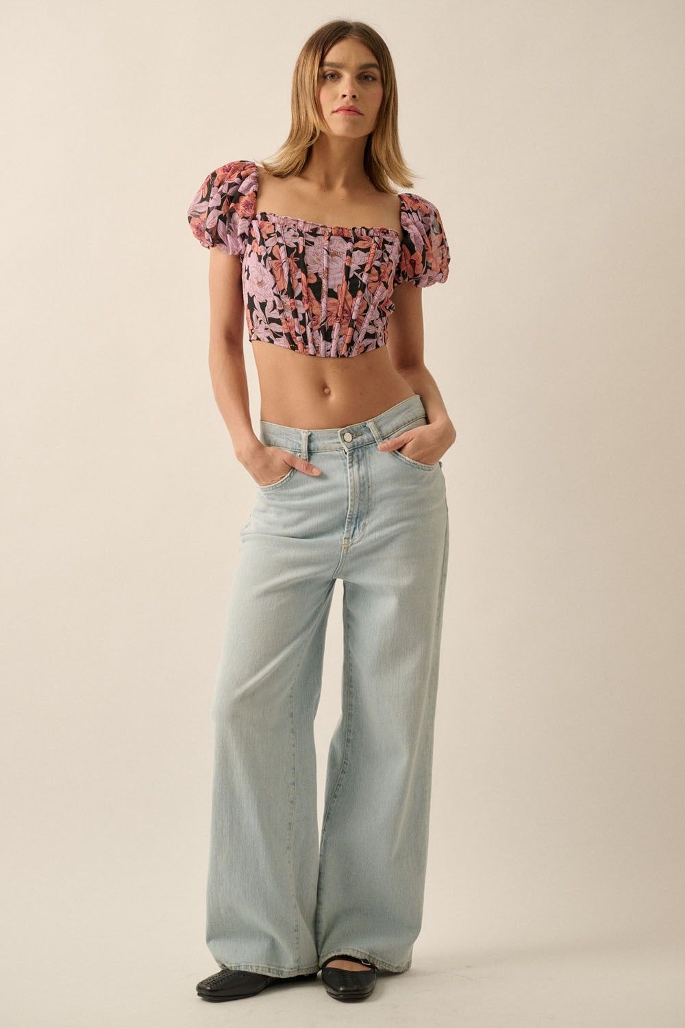 Soft Pink-Apricot Floral Chiffon Puff-Sleeve Cropped Corset Top sold by Pinkblush product image thumbnail 4