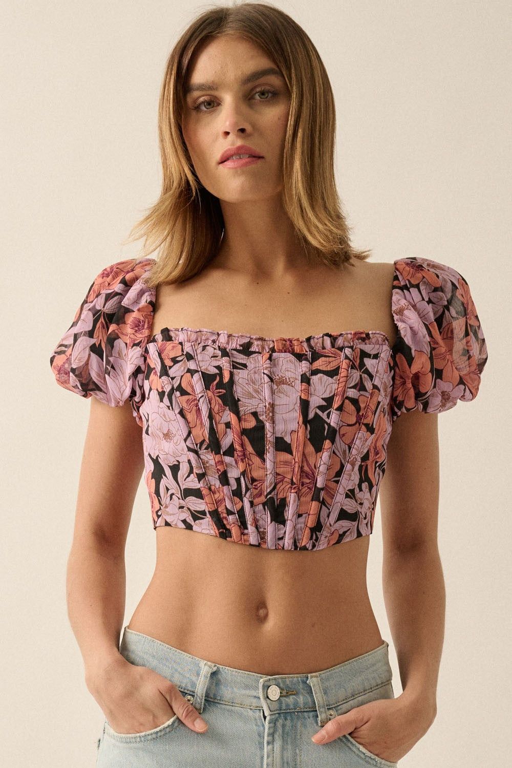 Soft Pink-Apricot Floral Chiffon Puff-Sleeve Cropped Corset Top sold by Pinkblush