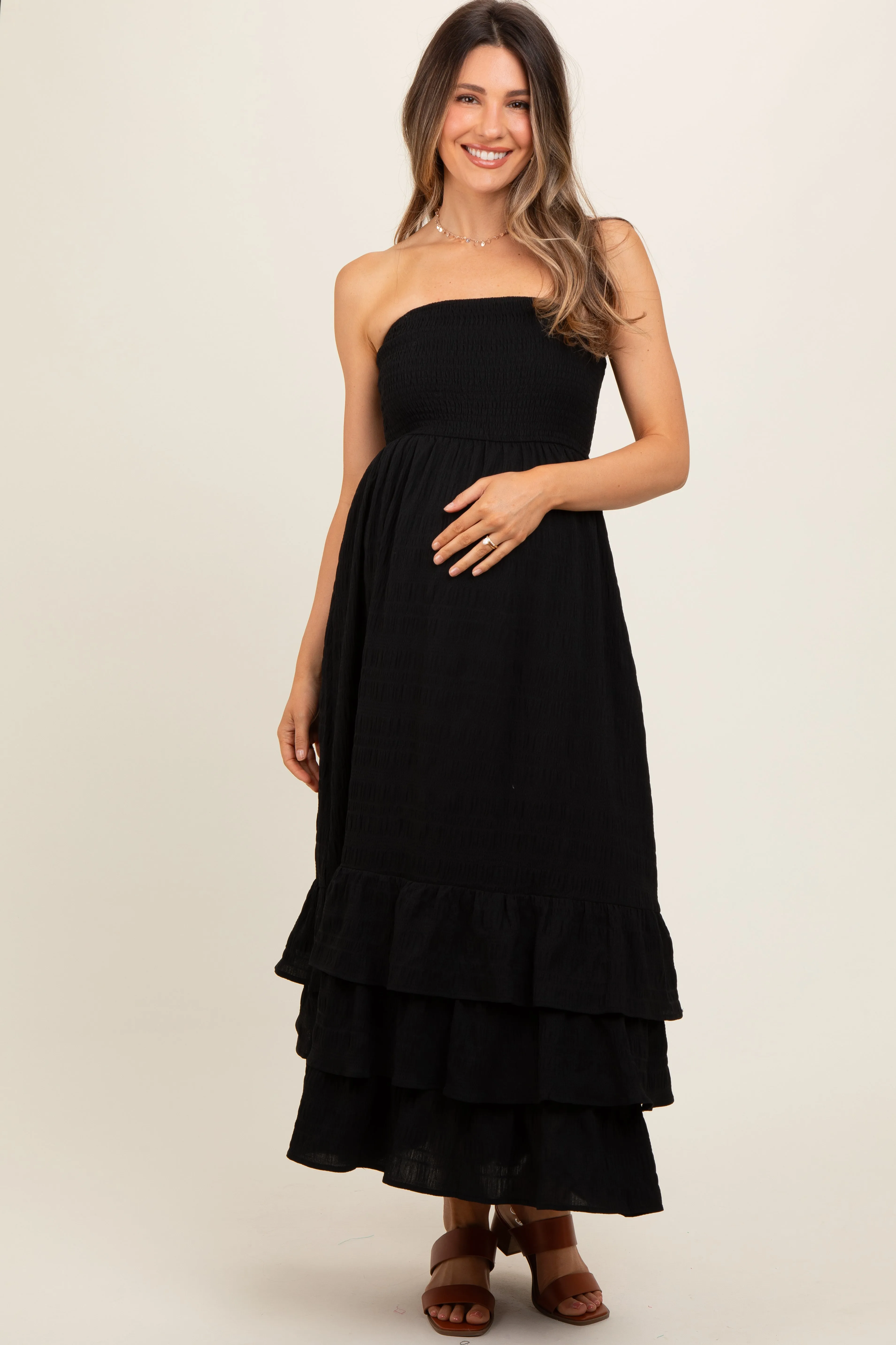 Black Smocked Ruffle Hem Tube Maternity Maxi Dress sold by Pinkblush product image thumbnail 3