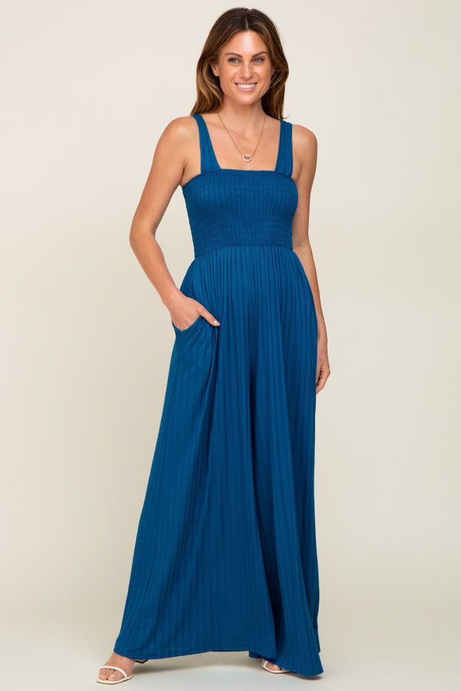 Teal Sleeveless Wide Leg Jumpsuit sold by Pinkblush