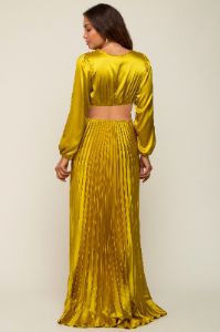 Gold Satin Low Back Cutout Pleated Maternity Maxi Dress sold by Pinkblush