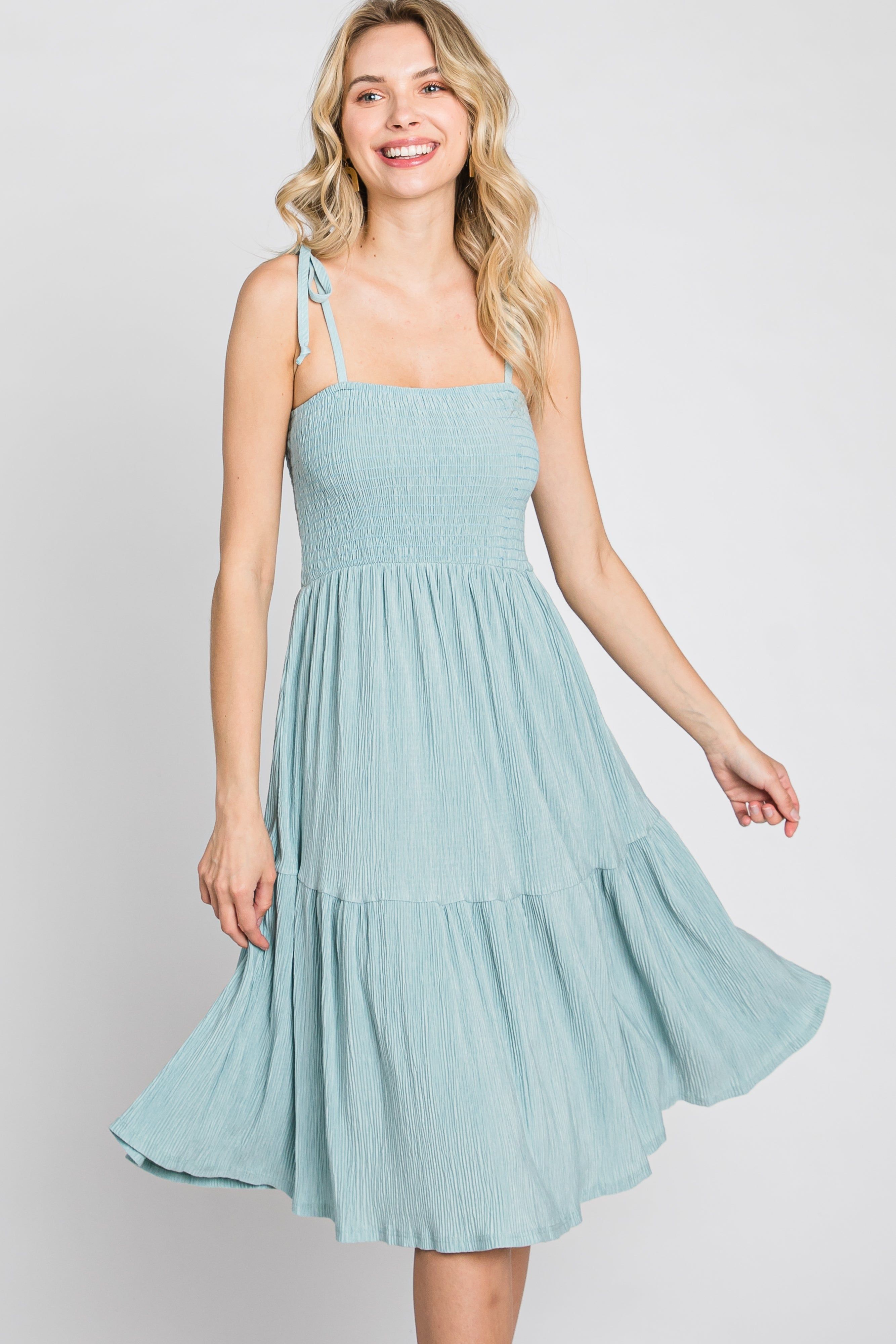 Mint Green Smocked Shoulder Tie Dress sold by Pinkblush product image thumbnail 3