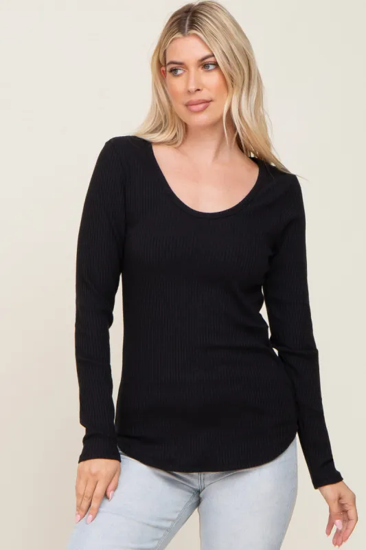 Black Ribbed Scoop Neck Long Sleeve Top sold by Pinkblush