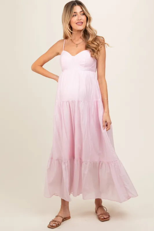 Light Pink Sleeveless Tiered Maternity Maxi Dress sold by Pinkblush