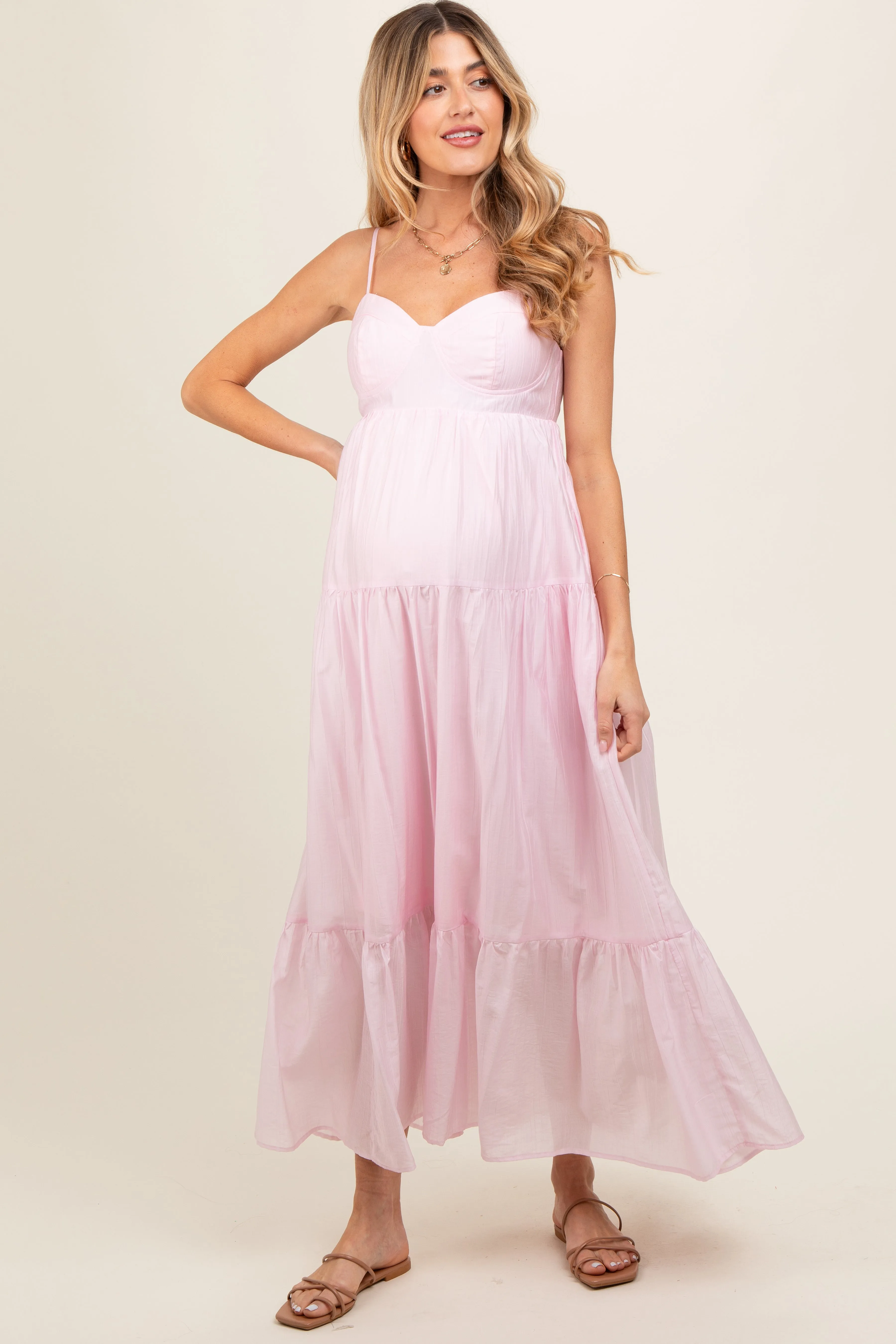 Light Pink Sleeveless Tiered Maternity Maxi Dress sold by Pinkblush