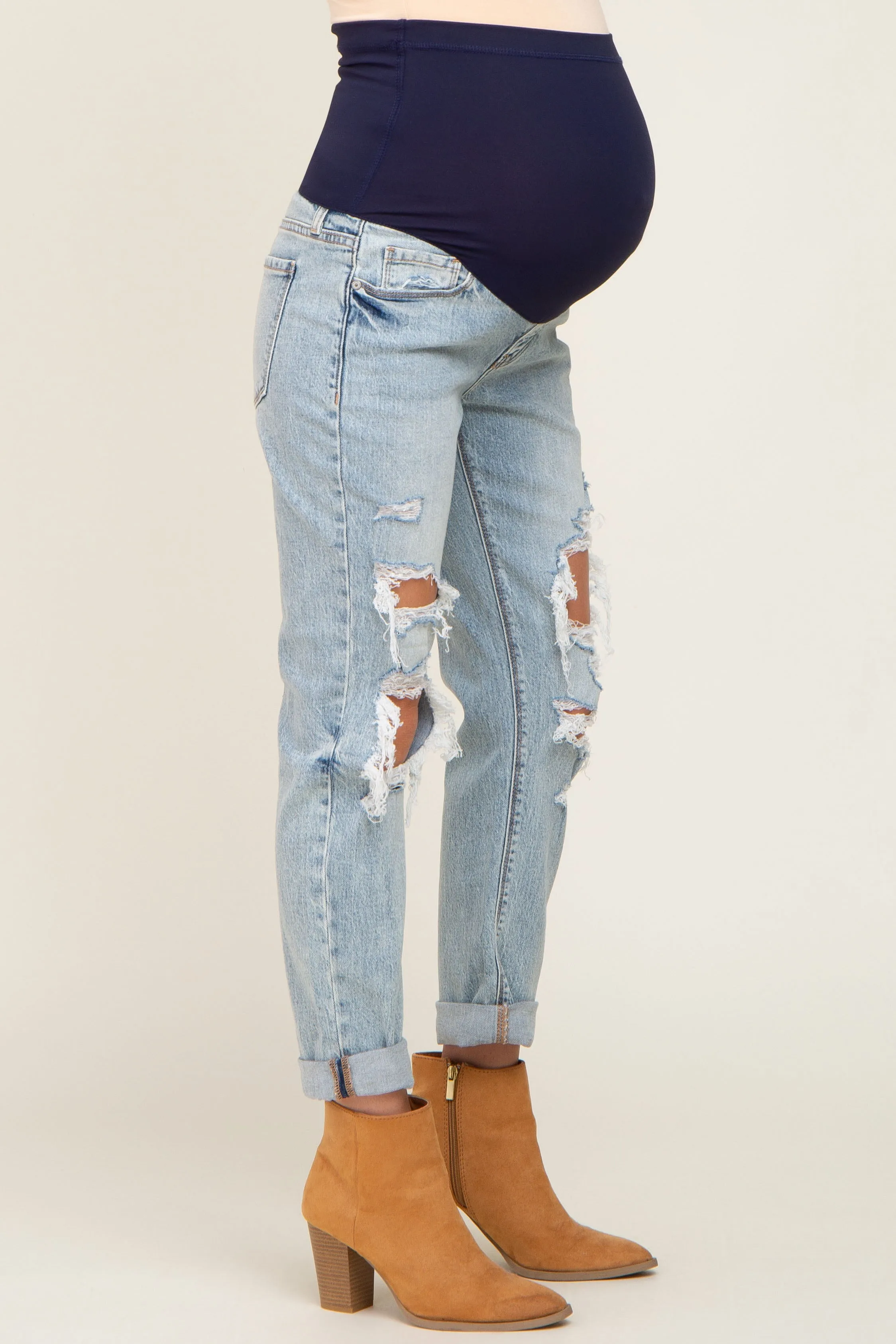 Light Blue Distressed Cuffed Maternity Jeans sold by Pinkblush product image thumbnail 3