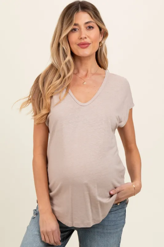 Beige V-Neck Maternity Top sold by Pinkblush