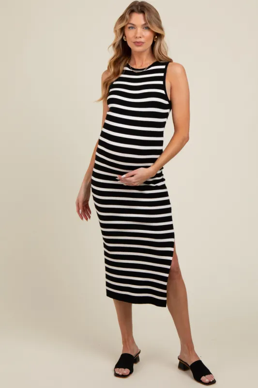 Black White Striped Knit Sleeveless Side Slit Maternity Midi Dress sold by Pinkblush