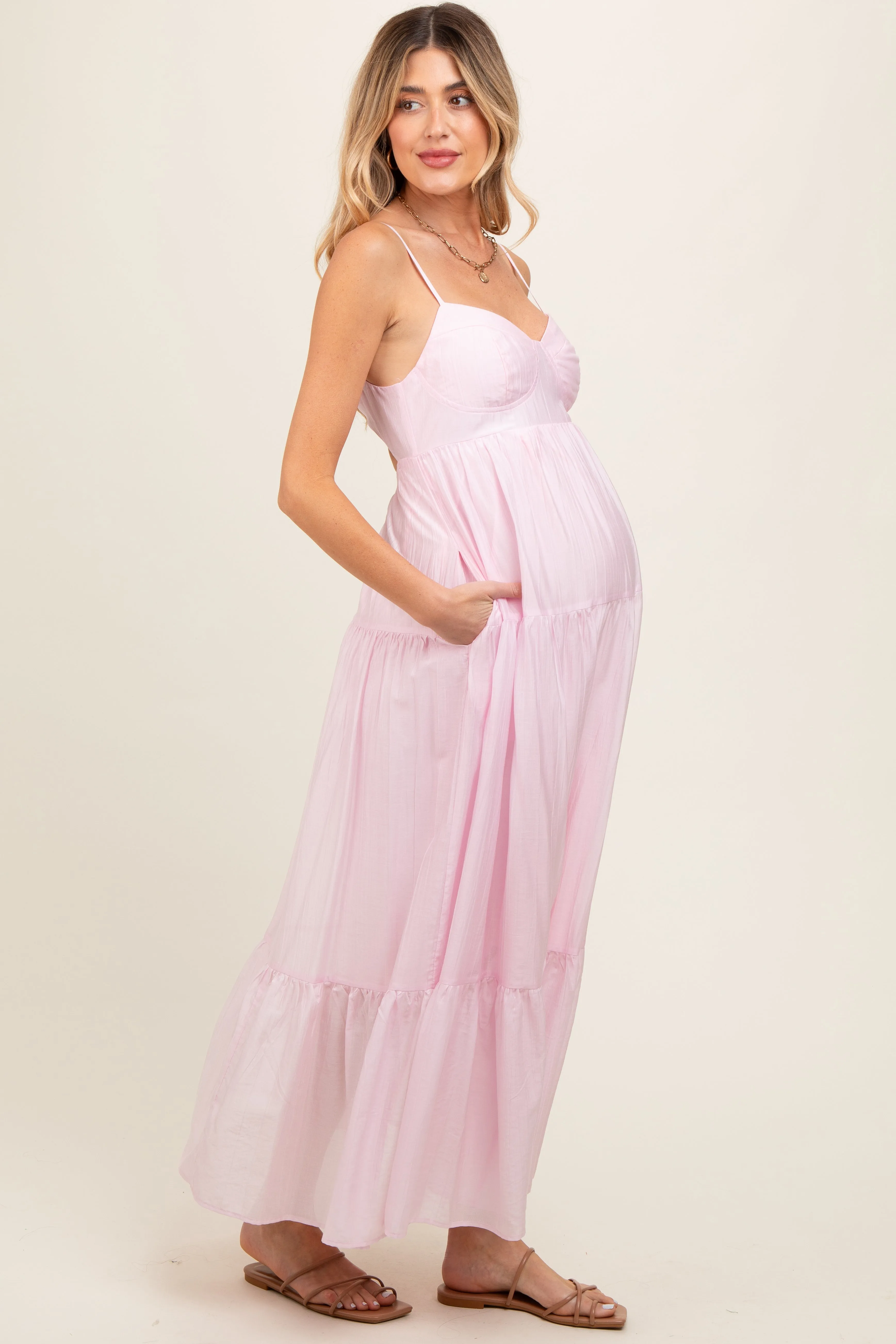 Light Pink Sleeveless Tiered Maternity Maxi Dress sold by Pinkblush product image thumbnail 2