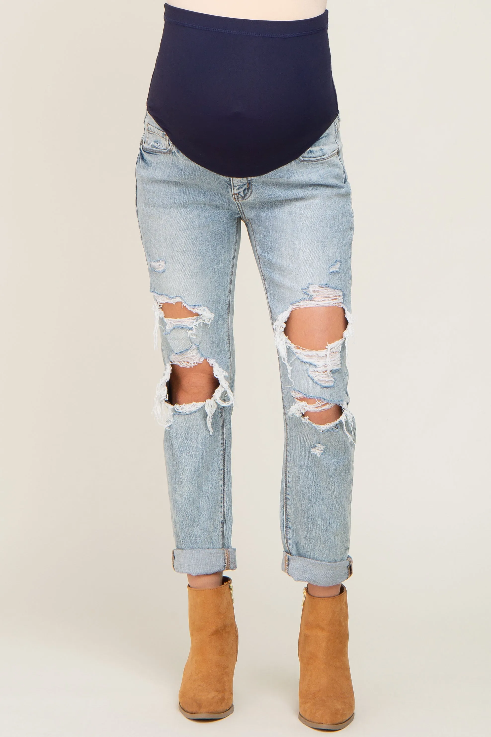 Light Blue Distressed Cuffed Maternity Jeans sold by Pinkblush product image thumbnail 2