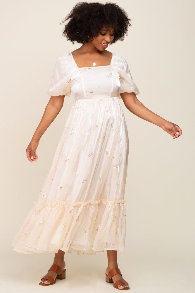 Cream Floral Embroidered Puff Sleeve Maxi Dress sold by Pinkblush product image thumbnail 4