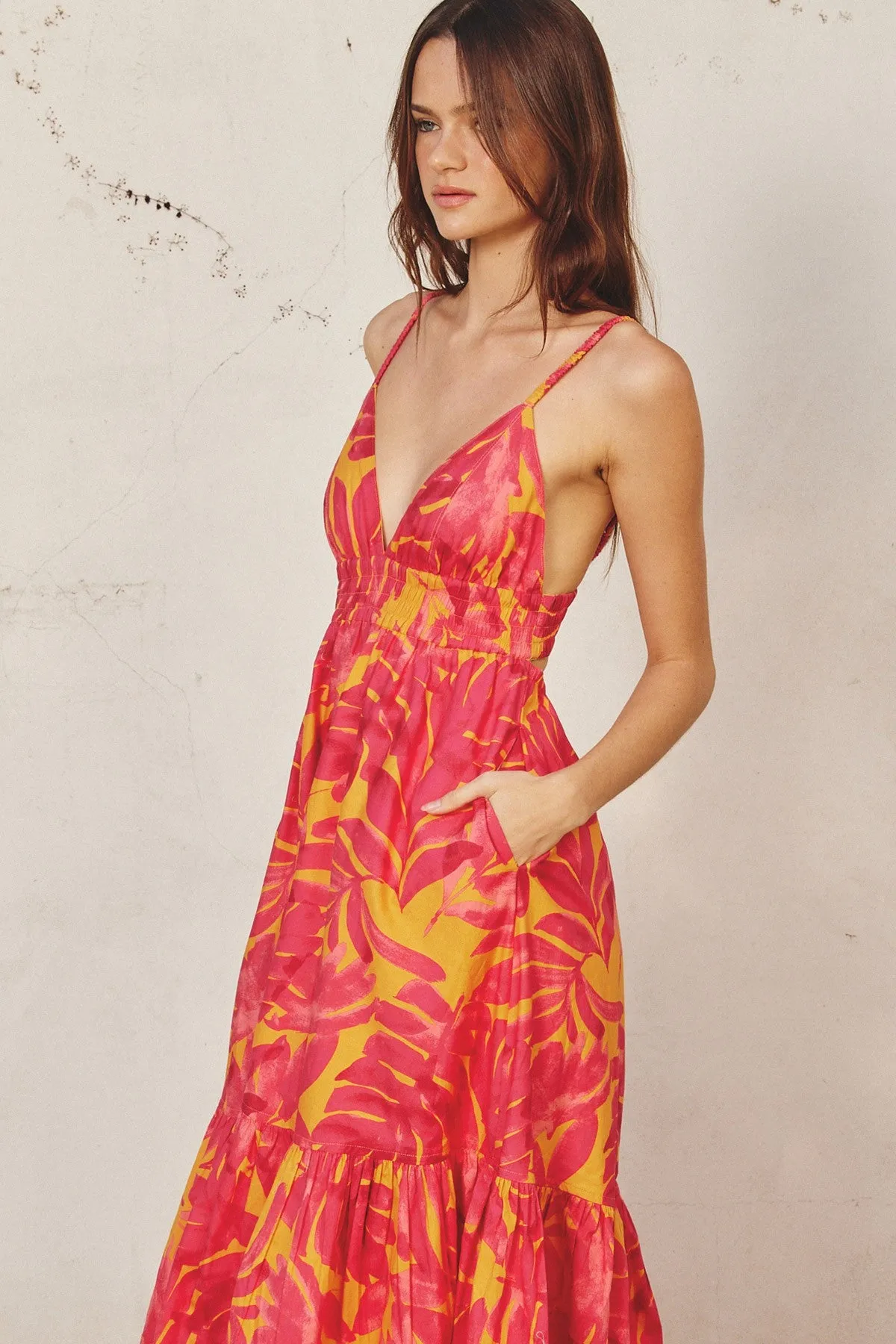 Coral Leaf Print Open Back Midi Dress sold by Pinkblush product image thumbnail 4