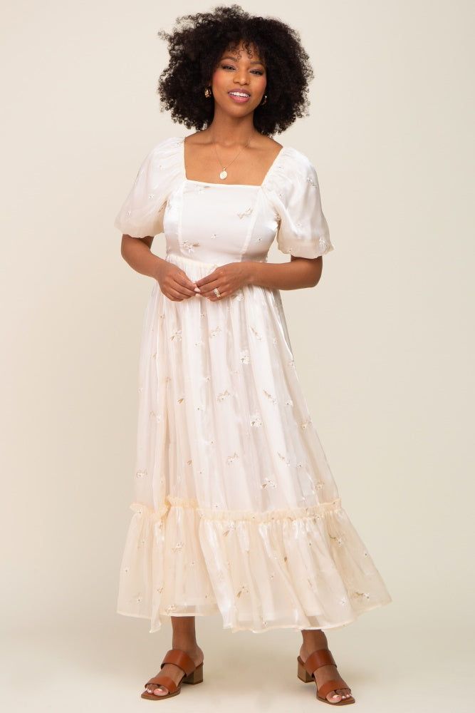Cream Floral Embroidered Puff Sleeve Maxi Dress sold by Pinkblush