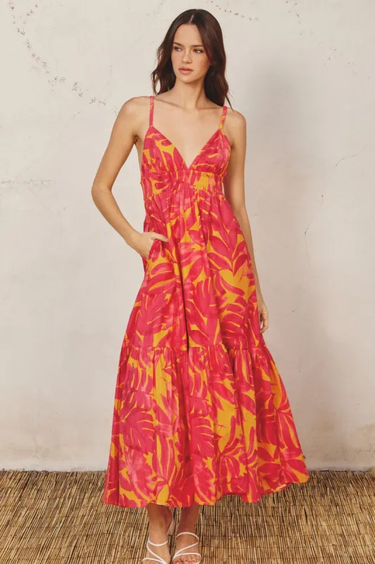 Coral Leaf Print Open Back Midi Dress sold by Pinkblush