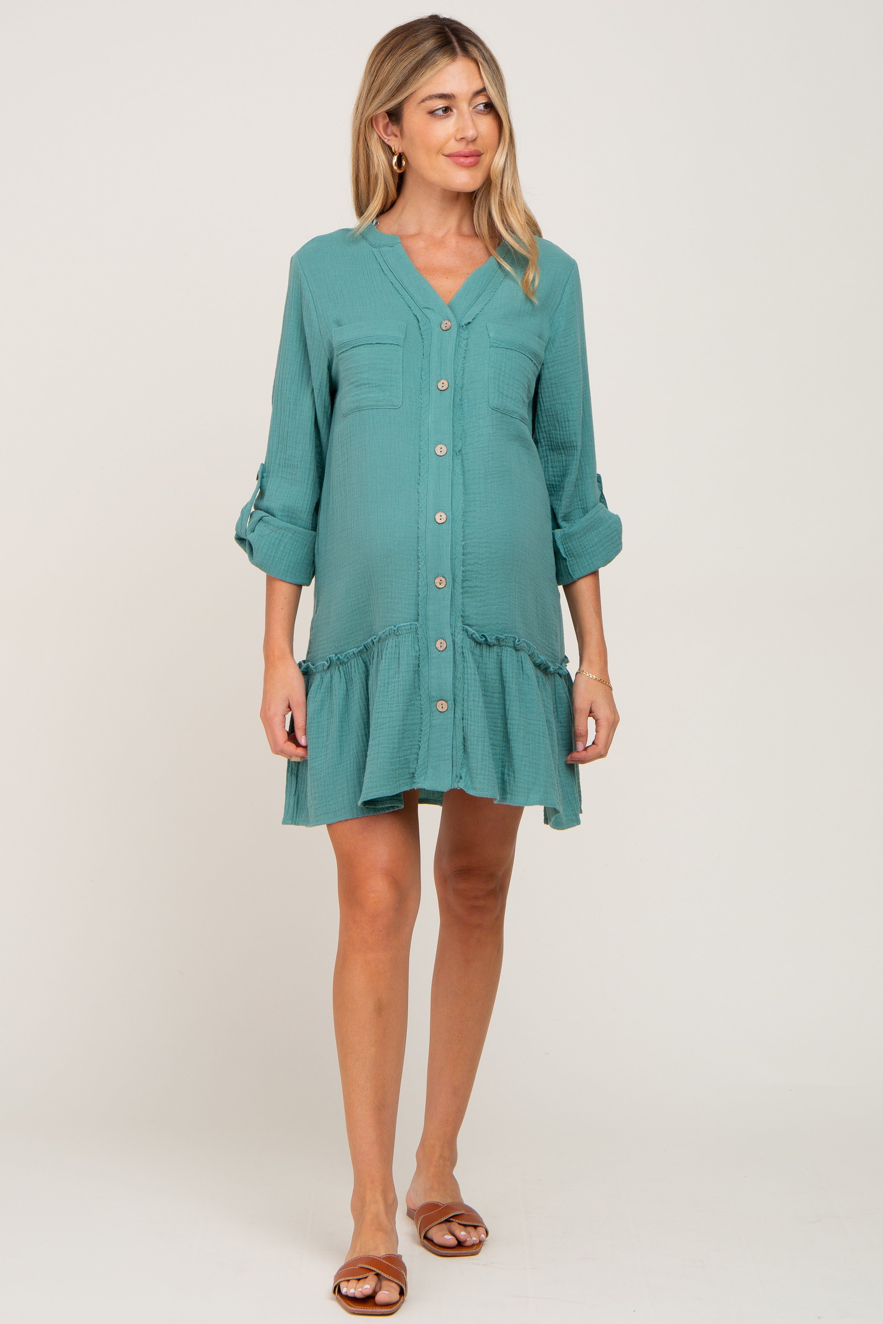 Sage Button Down Long Sleeve Ruffle Hem Maternity Dress sold by Pinkblush product image thumbnail 4