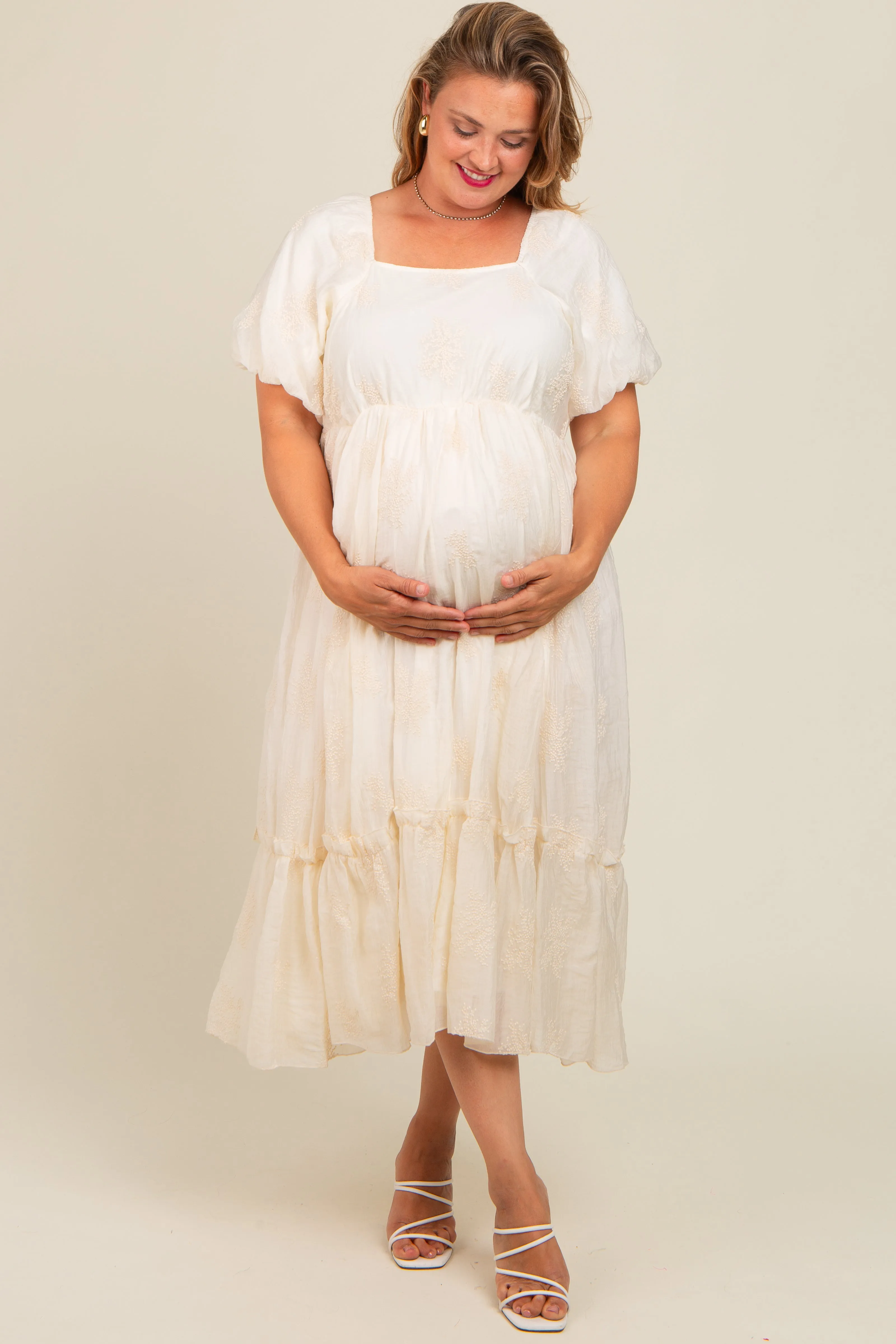 Cream Floral Print Ruffle Hem Maternity Plus Midi Dress sold by Pinkblush