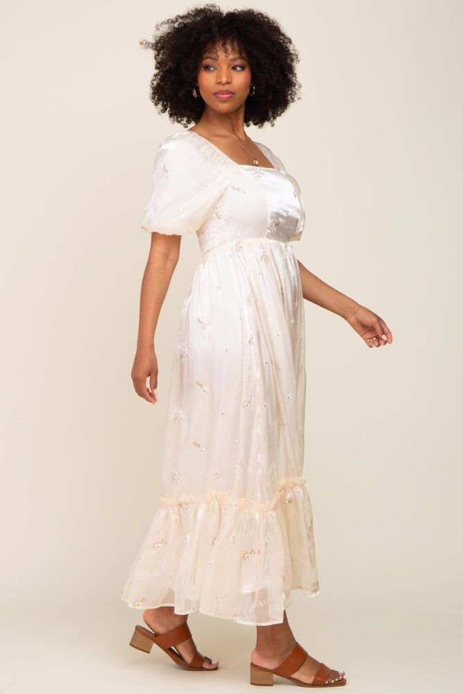 Cream Floral Embroidered Puff Sleeve Maxi Dress sold by Pinkblush product image thumbnail 2